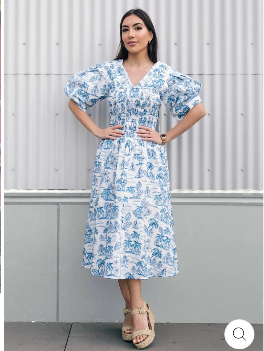 Jessie Zhao Leandra Blue Smocked V Neck Puff-Sleeve Midi Dress sz 2 - Picture 4 of 11